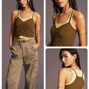 Anthropologie Ruched Layered Tank Green Brown Chocolate size M